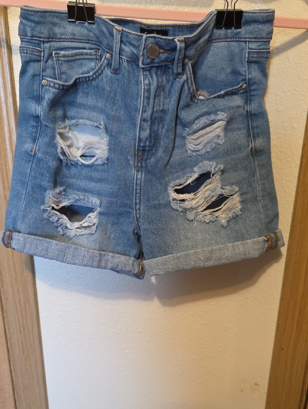 Simple Society Distressed High-Rise Denim Shorts - Light Blue